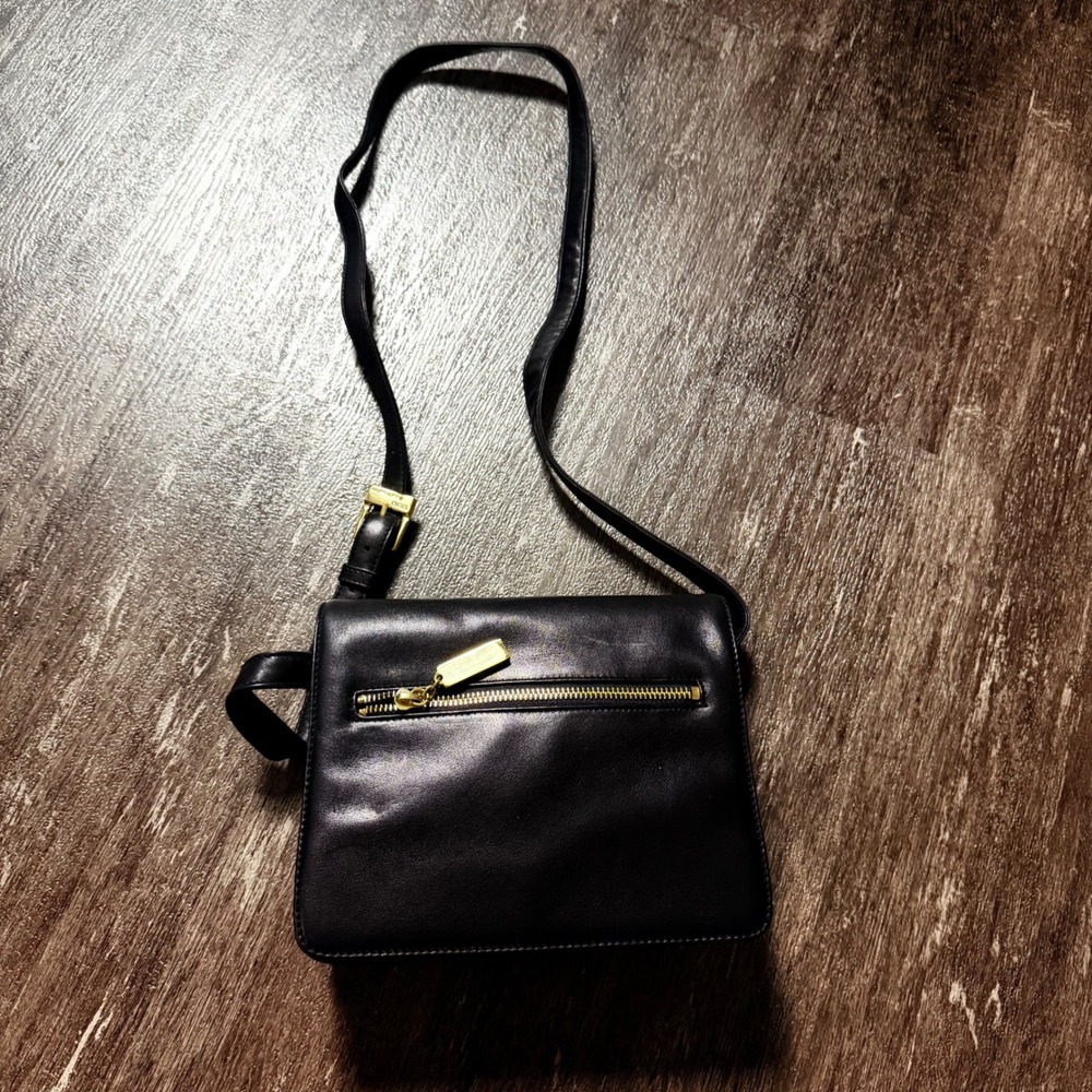 Ralph Lauren Crossbody Bag Women Small Black Leather Gold Hardware Minimalist